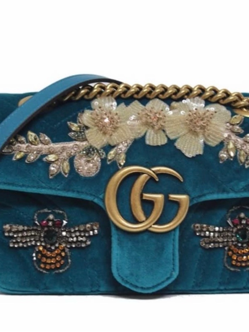 Gucci Teal Velvet GG Marmont Embroidered Floral Shoulder Bag - Picture 4 of 11